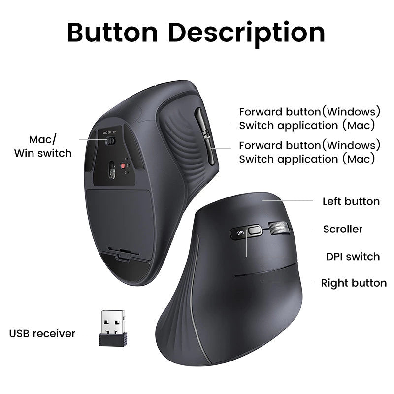 Vertical Ergonomic 4000DPI Wireless Silent Click Mouse for Laptop PC Windows Mac OS